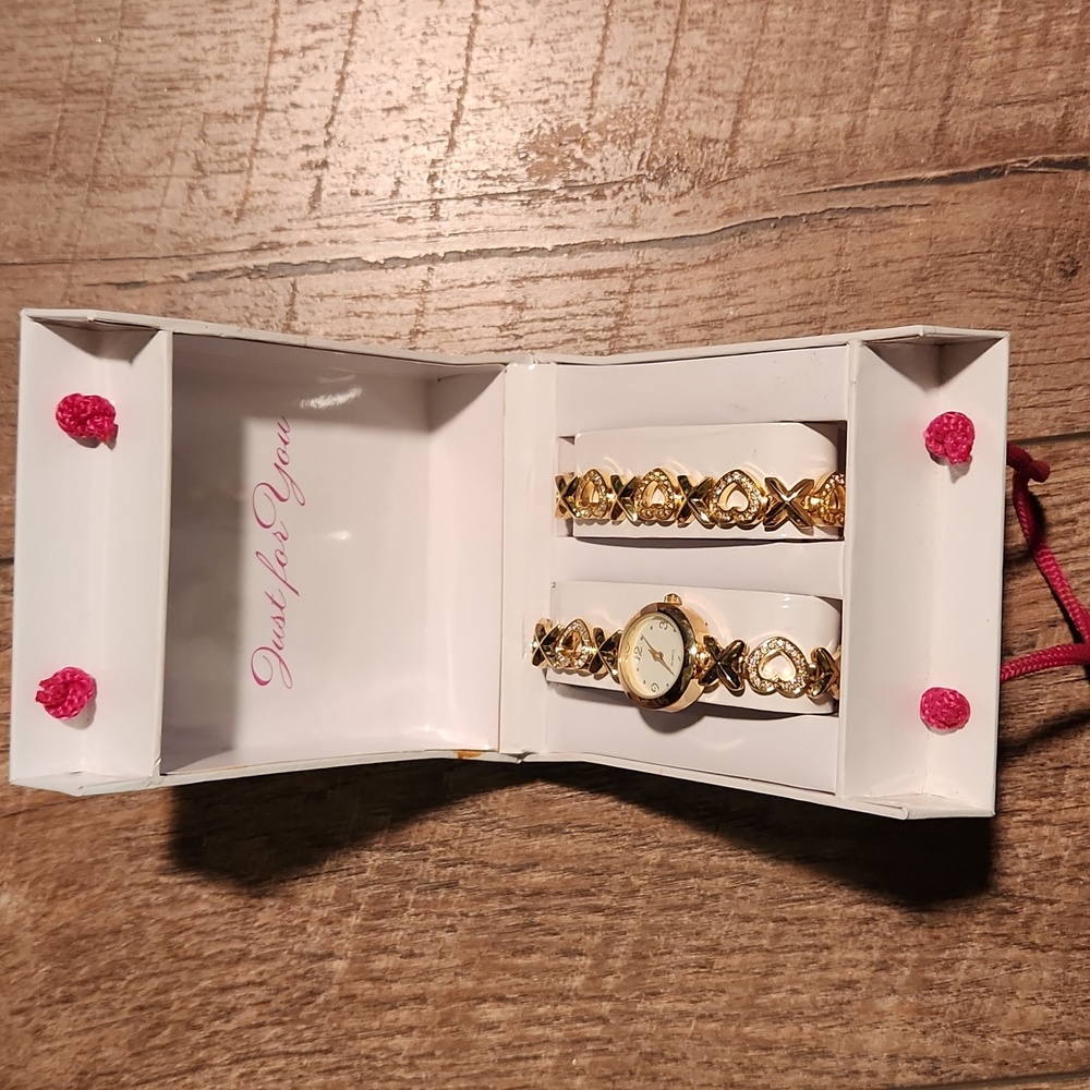 Watch & Bracelet Set With Rhinestone Hearts and Xs